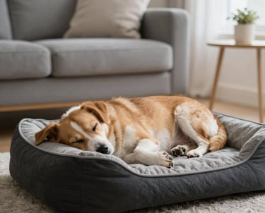 A cozy modern dog bed in warm earth tones with a happy dog resting peacefully.