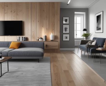 Modern building interior with blue accents, painting tools like rollers, and sleek renovation details.