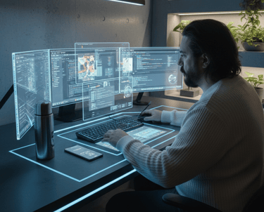 a man sitting at a desk with a laptop computer
