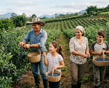 Una familia feliz cosecha arándanos orgánicos frescos en una huerta local de frutas 