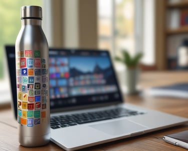 A cheerful desk setup with a glowing notification on a laptop screen reminding to drink water.