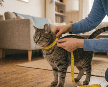 Una persona usa una cinta métrica para medir el tamaño del cuello de un gato atigrado