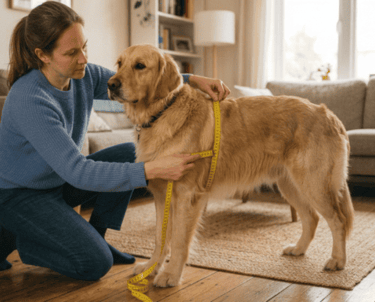 Una mujer usa una cinta métrica amarilla para medir el pecho de un perro Golden Retriever 