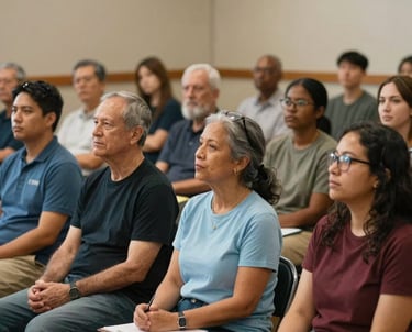 A group of diverse community members listening to a speaker in a North American civic hall. The focus is on the engaged expressions of the audience, conveying empowerment and education. The lighting is warm and natural, using a Honeydew and Powder Blue palette.