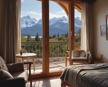 Cozy mountain cabin with warm lights glowing at dusk in Bariloche.