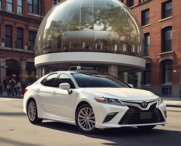 A sleek black and green taxi with a happy passenger inside, set against a modern city backdrop.