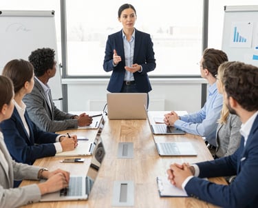 A candid photo of the NextGen AMC leadership team collaborating around a conference table in a bright, modern office.