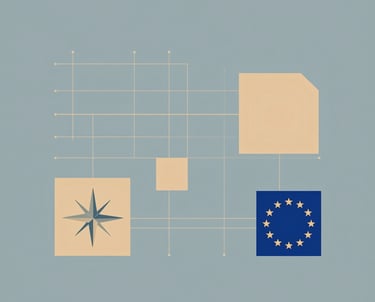 A minimalist network diagram icon featuring interconnected blue and yellow circles representing a data hub.