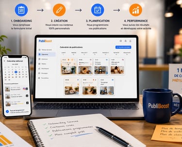 femme regarde ses reseaux publiboost 1 mois contenu prêt planification planning