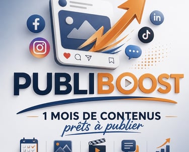 logo publiboost avec livrables planning visuels videos textes resultats