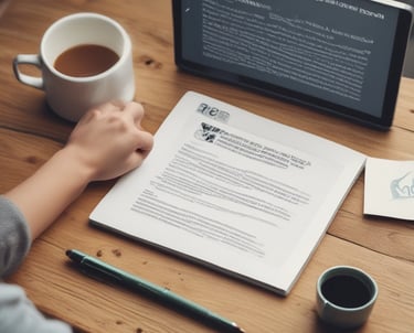 A person writing a guest post on a laptop with a coffee cup nearby.