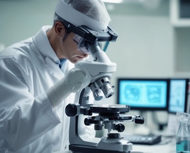 A female clinical laboratory professional in a white lab coat, mask, and gloves, analyzing blood samples with advanced equipment.