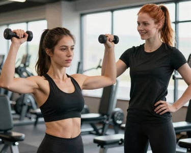 A personal trainer guiding a client through a workout in a cozy home gym.