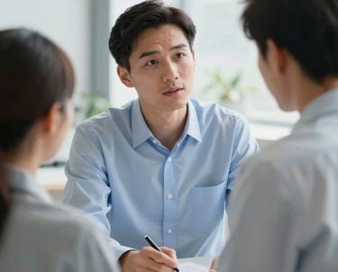A professional specialist in a light blue shirt talking empathetically to a client in a bright, modern interior. Northern European style, soft lighting, conveying trust and progress.