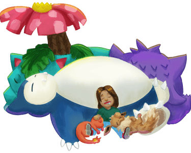 Digital art of a boy sleeping peacefully with Snorlax, Gengar, Bulbasaur, Charmander, and Eevee.