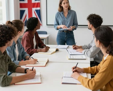 A welcoming study consultation scene with a student and advisor discussing plans over a laptop.