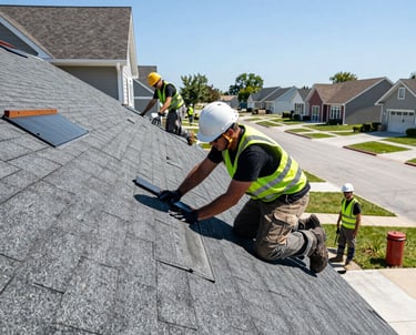 A professional roofer inspecting a commercial roof under a clear sky.