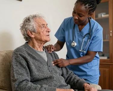 A caring caregiver gently holding hands with an elderly person in a cozy home setting.