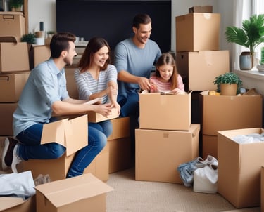 Happy family carrying boxes together in a bright living room of a residential apartment.