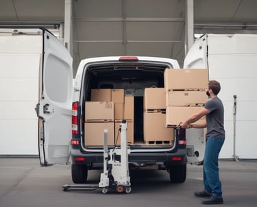 A courier handing over a parcel to a smiling customer at their doorstep.