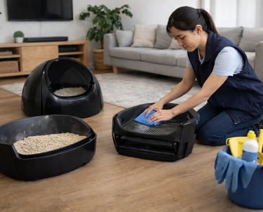 technicienne qui réalise un entretien essentiel comprenant la désinfection et le nettoyage complet