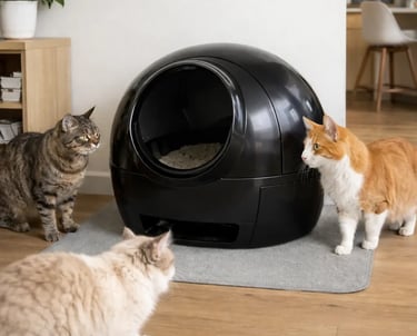 plusieurs chats dans une famille en appartement qui sont intrigués par leur robot litièree