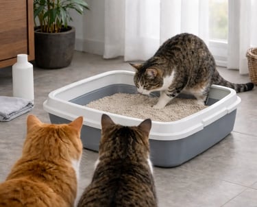 3 chats avec leur bac à litière propre et entretenu 