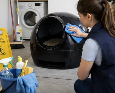 technicienne qui nettoie l'extérieur du robot au chiffon microfibre