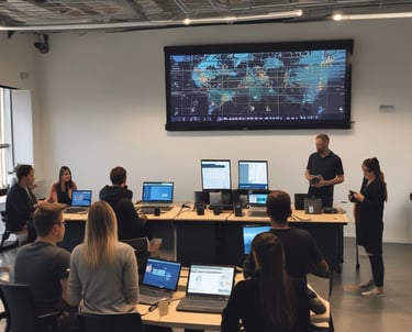 four men looking to the paper on table