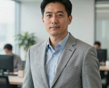 A professional portrait of a male safety specialist in a bright North American office, wearing a light gray blazer, looking trustworthy and professional.