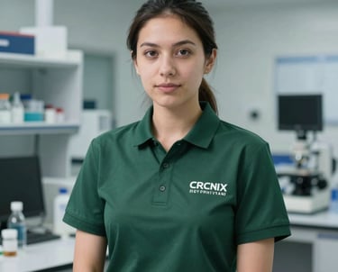 A professional portrait of a female engineer wearing a dark green tech-branded polo shirt, standing in a clean North American lab environment with soft lighting.