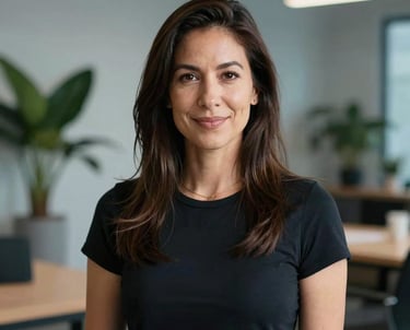 A professional portrait of a wellness design expert in a modern creative studio in North America, with blurred plants and soft blue lighting in the background.