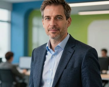 A professional portrait of a tech executive in a modern North American office setting with a bright blue and green architectural detail in the background, sharp focus, bright studio lighting.