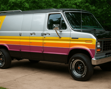 a colorful van parked in a driveway