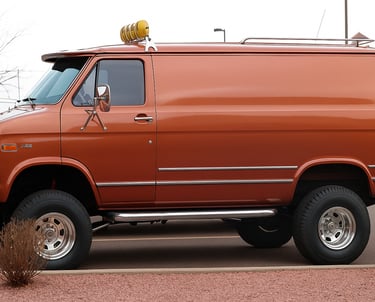 a brown van parked in a parking lot