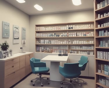 A cozy consultation room with a pharmacist discussing health advice with a patient.