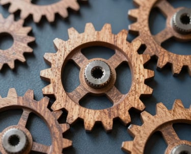 Iconographic photo of gears made of polished wood working together perfectly, symbolizing synergy and operational flow, featuring #3A5C54 accents.