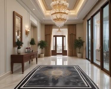 A bright living area in a luxurious Yas Island holiday home featuring modern furniture and large windows.