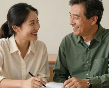 A close-up photography of a teacher in Oceania sitting one-on-one with a mentor at a wooden table, both looking at a notebook and laughing. Warm cream and dark sage green palette.