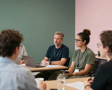 An Australian professional development setting where a diverse group of teachers are engaged in a collaborative activity. The room is bright with dark sage green and soft pink highlights.