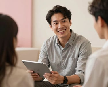 A person in a professional setting in Oceania holding a tablet and smiling warmly while facilitating a group discussion. The background is soft and clean with soft pink and warm cream accents.