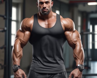 A dynamic photo of a muscular fitness influencer collaborating with a brand representative in a gym setting.