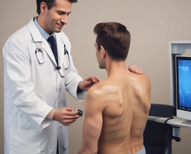 Doctor discussing shoulder treatment options with a patient in a bright medical office.