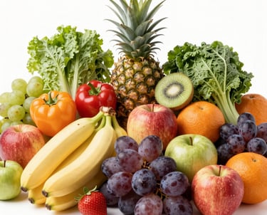 Fresh tropical fruits and vegetables arranged in baskets at a sunny Tulum market.