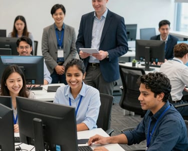 Three professional consultants collaborating over a project timeline on a digital calendar.