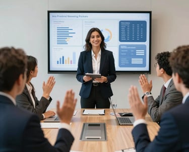 A modern office workspace with a team collaborating over laptops and digital charts.