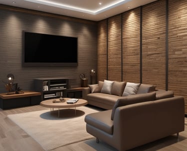 A sleek living room featuring a wall-mounted flat-screen TV with hidden cables.