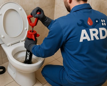 a man in a blue shirt is fixing a toilet in strasbourg