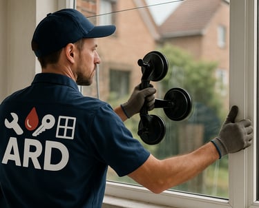 a man in a blue shirt is holding a pair of dumbs