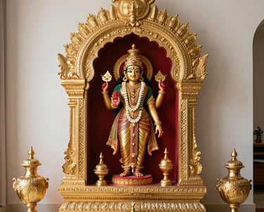 Artisan polishing a gold-finished Lakshmi idol, with soft golden light highlighting the intricate details.